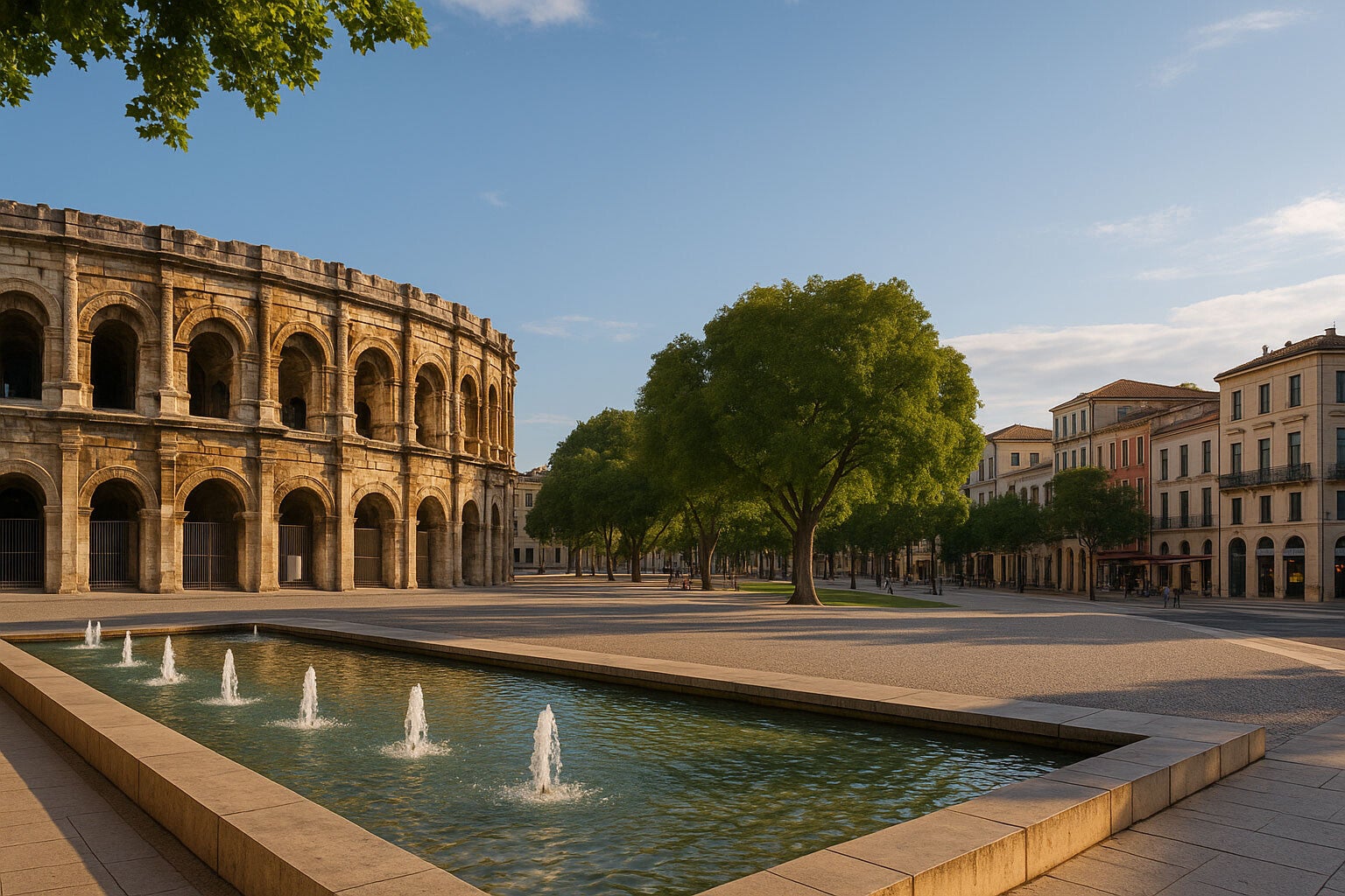 Vue des Arènes de Nîmes au coucher du soleil