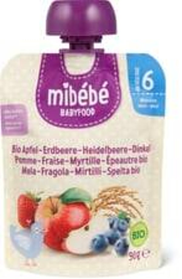 Mibebe Bio Babyfood Quetschbeutel Apfel, Erdbeere, Heidelbeere+Dinkel