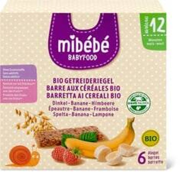 Mibebe Bio Babyfood Riegel Getreide Dinkel, Banana+Himbeere