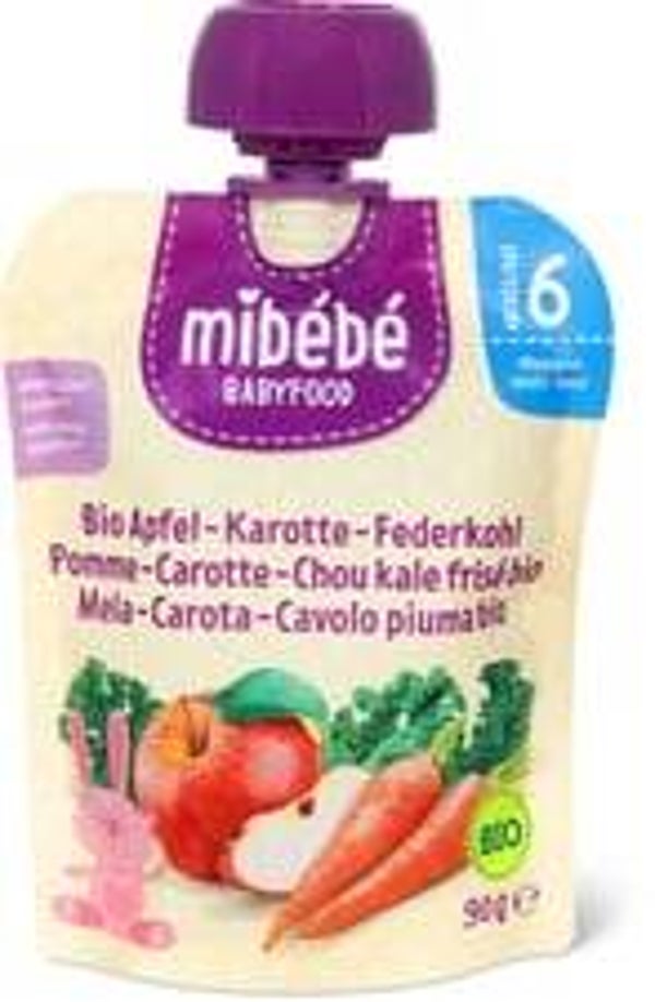Mibebe Bio Babyfood Quetschbeutel Apfel, Karoten+Federkohl