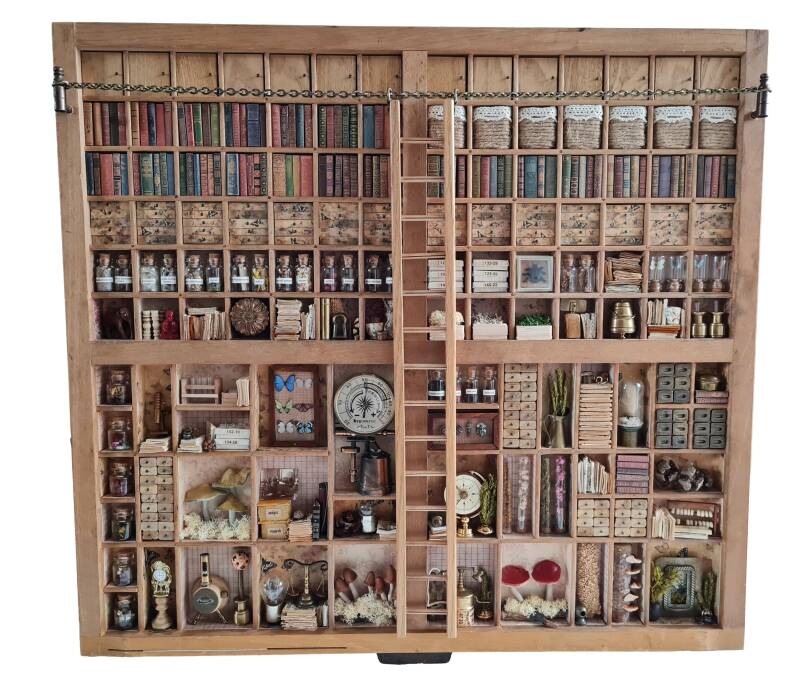 Wetenschappelijk cabinet, 2023, hout, papier, metaal, gevonden voorwerpen, natuurlijke materialen