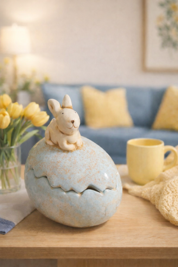 Portaoggetti Pasquale in Ceramica con Coniglietto – Contenitore Decorativo Uovo