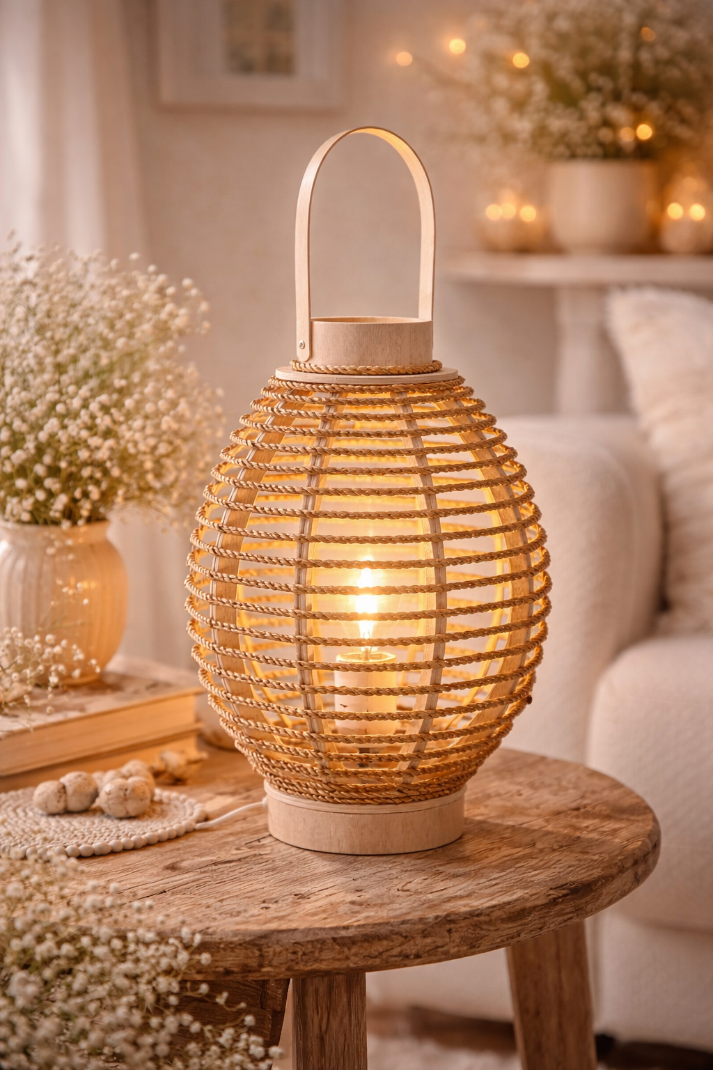 Lampada Lanterna in Rattan Naturale 27×27×51 cm – Lampada Decorativa Stile Boho per Casa