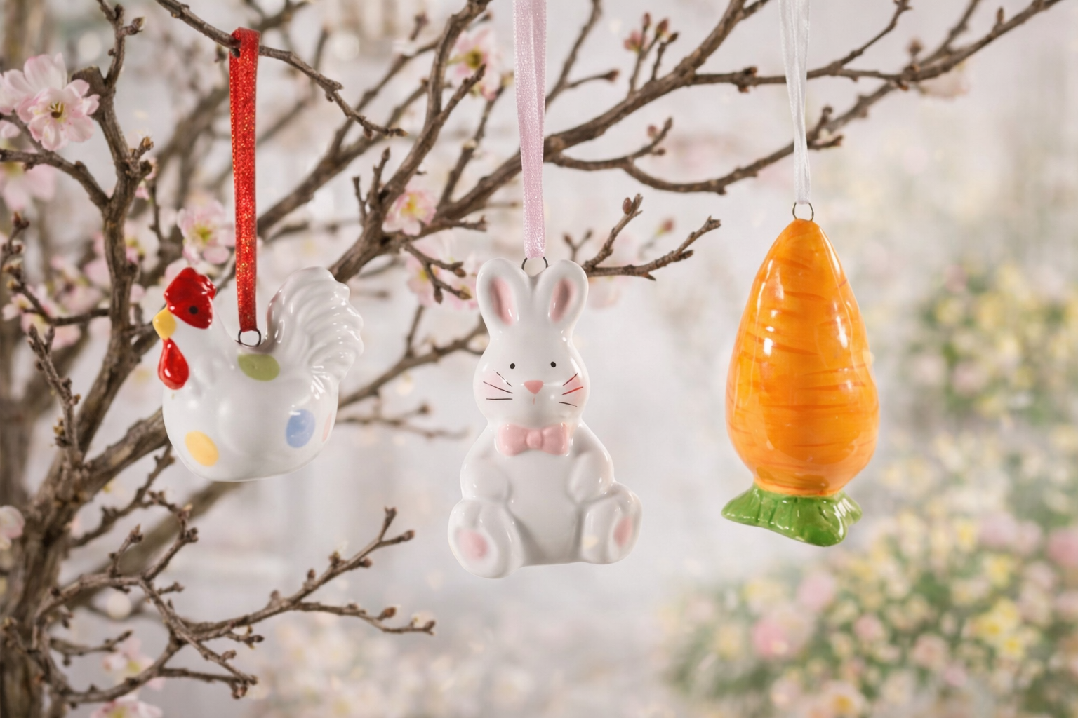 Decorazioni Pasquali da Appendere – Coniglio, Gallina e Carota in Ceramica
