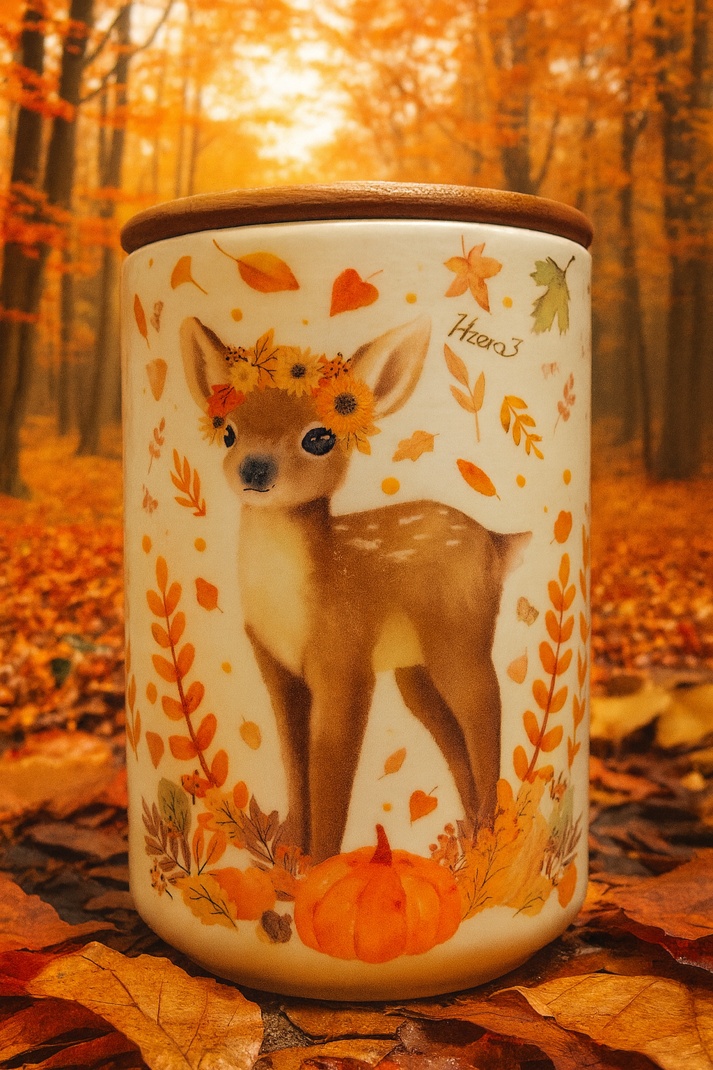Barattolo alimentare in ceramica con tappo in bamboo – Collezione “Bambi Autunnale”