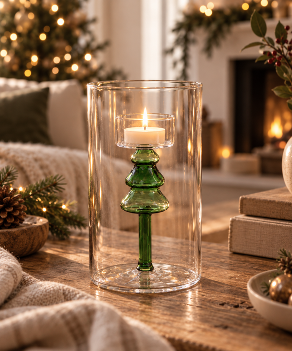 Portacandela Natalizio in Vetro con Albero Verde – 15 cm