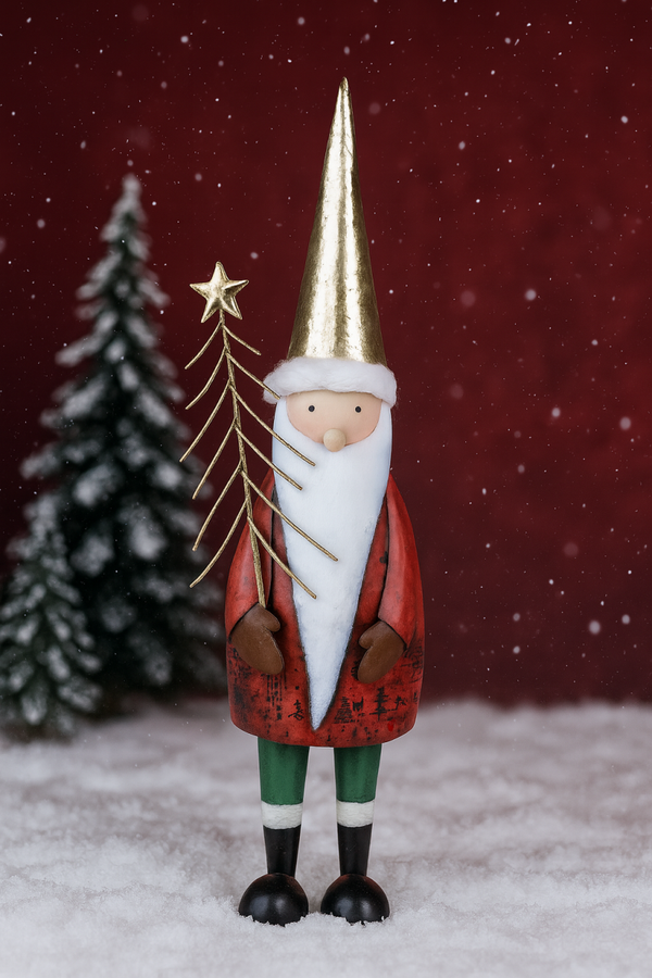 Babbo Natale Decorativo in Metallo con Cappello Dorato