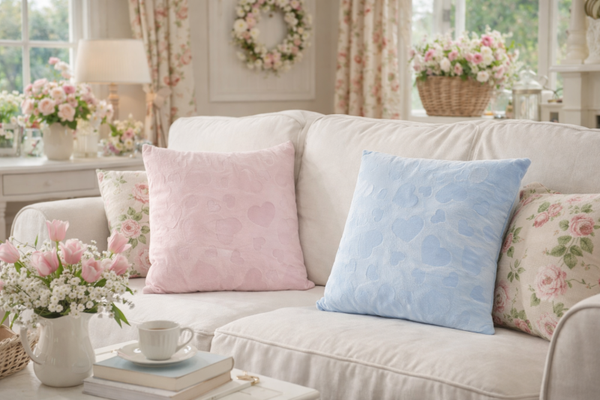 Cuscino Decorativo 37x37 cm con Cuori in Rilievo – Rosa o Celeste – Stile Country Chic