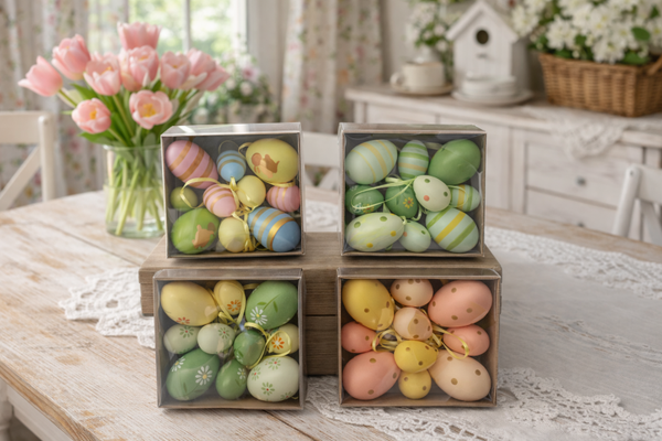 Set 10 Uova Decorative Pasquali in Scatola Trasparente – Decorazioni Primaverili Country Chic per Casa, Tavola di Pasqua e Albero Pasquale