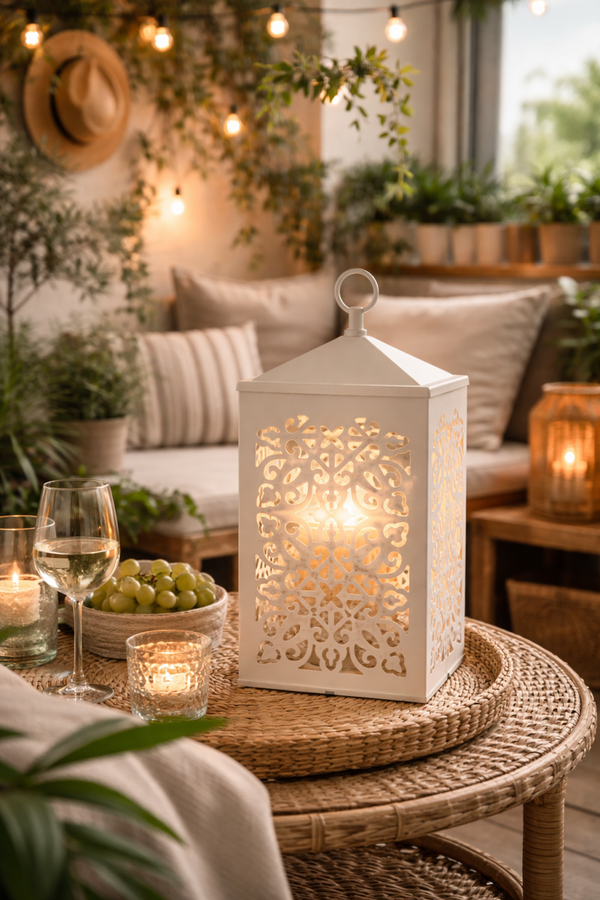 Lanterna Scaldacandela Scroll Bianca – Porta Candela Decorativo in Metallo per Casa e Balcone