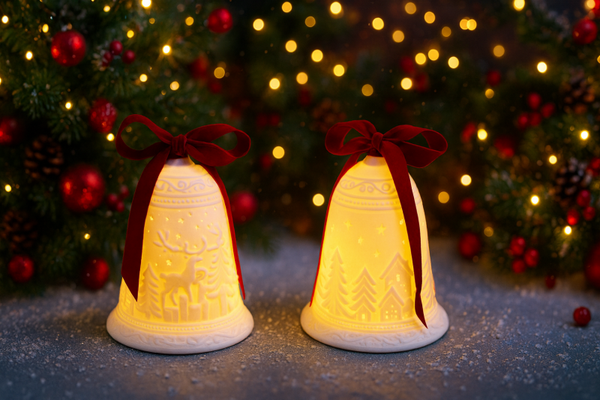 ✨ Campanella Luminosa in Porcellana con Fiocco Rosso