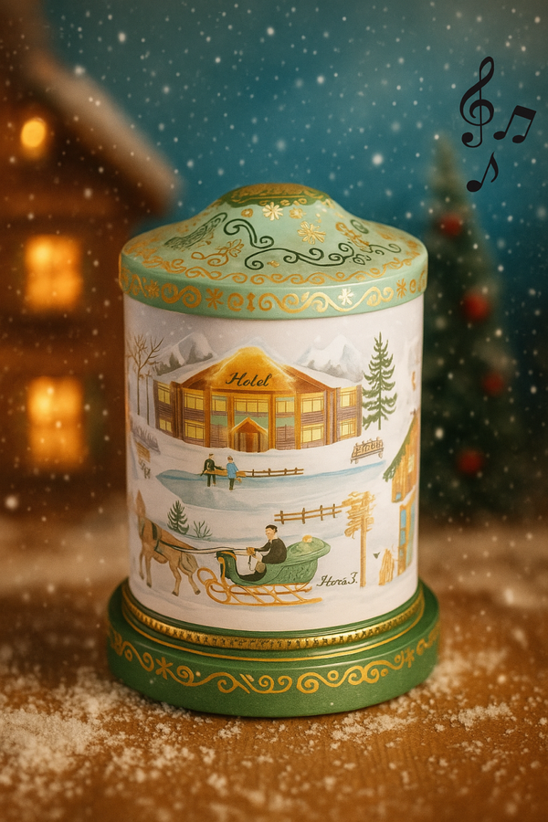Scatola Natalizia in Metallo con Carillon – Porta Biscotti Alimentare Decorato a Tema Invernale