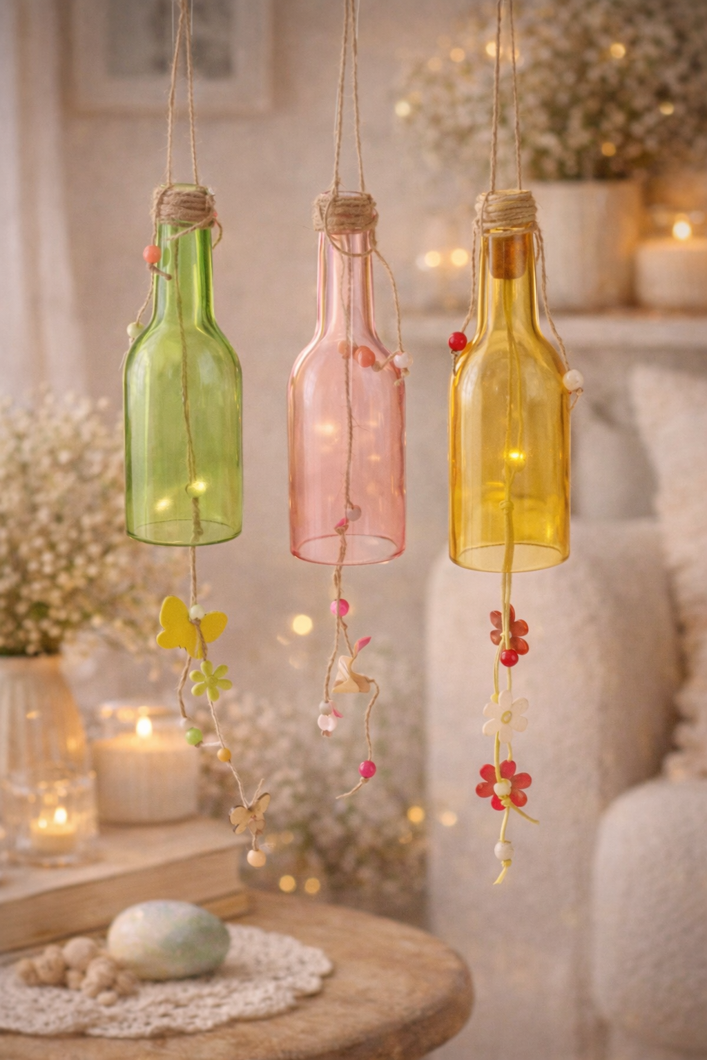 Bottiglia Decorativa in Vetro da Appendere – Decorazione Primaverile con Pendenti Floreali