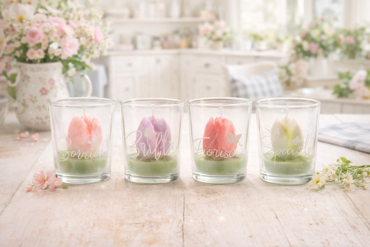 Candela a Tulipano in Vasetto di Vetro con Scritta