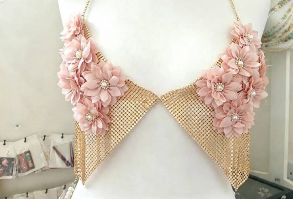 Sequin gold flowered chain bra