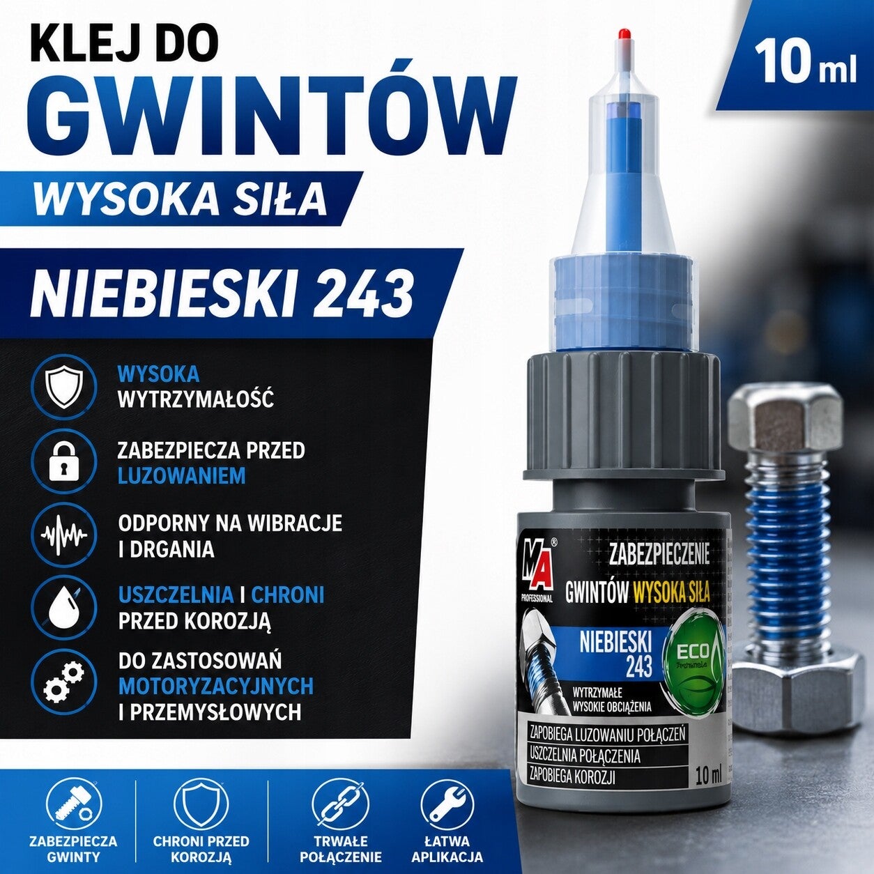 Klej do gwintów śrub Niebieski 10ml