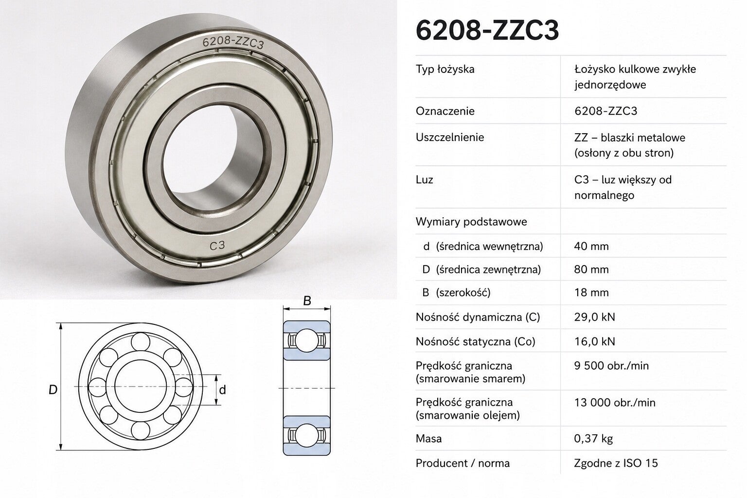 Łozysko kulkowe 1Rz 6208 ZZ C3