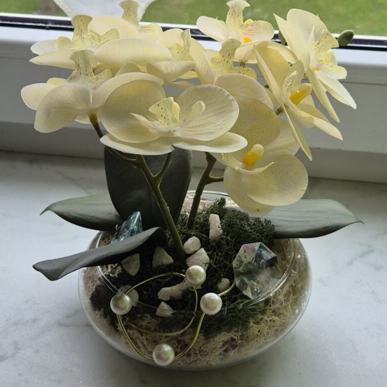 Weiße Orchidee in runder Glasvase