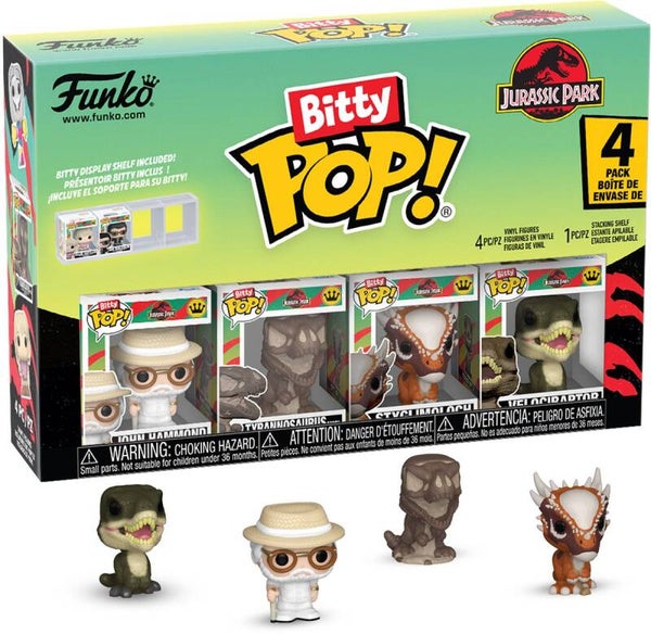Jurassic Park Funko Bitty Pop! 4-Pack - John Hammond, Tyrannosaurus Fossil, Stygimoloch & Velociraptor - Funko
