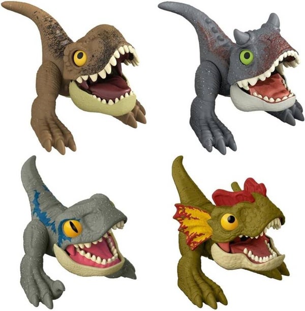Set met 4 Jurassic World Uncaged Wild Pop Ups - Tyrannosaurus Rex, Velociraptor Blue, Dilophosaurus, Carnotaurus - Mattel