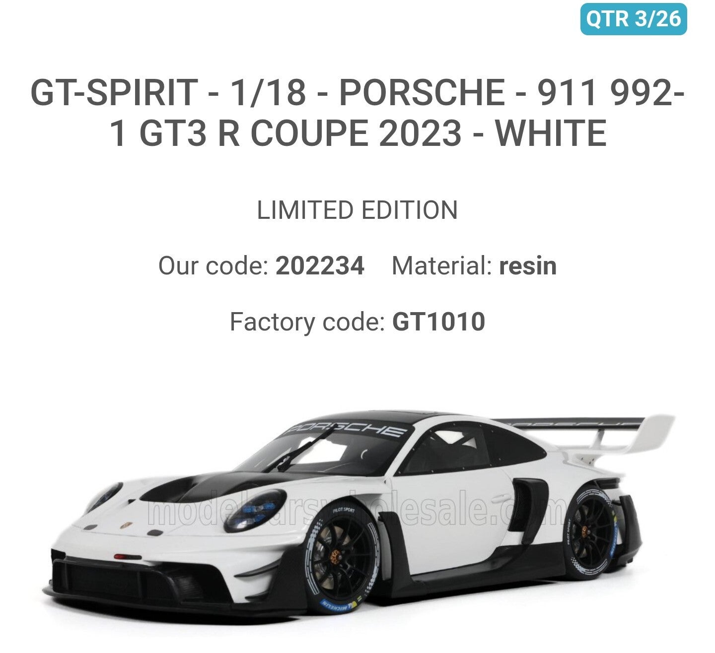 PRE-ORDER FOR GT-SPIRIT - 1/18 - PORSCHE - 911 992-1 GT3 R COUPE 2023 - WHITE