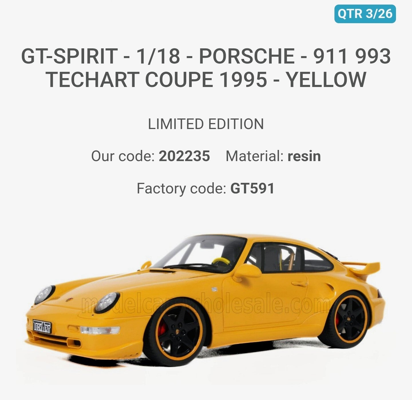 PRE-ORDER GT-SPIRIT - 1/18 - PORSCHE - 911 993 TECHART COUPE 1995 - YELLOW