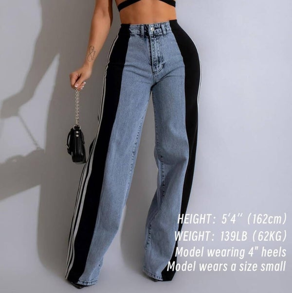 Stretchy Denim Color Block Straight Wide Leg Trendy Jean- Size XL