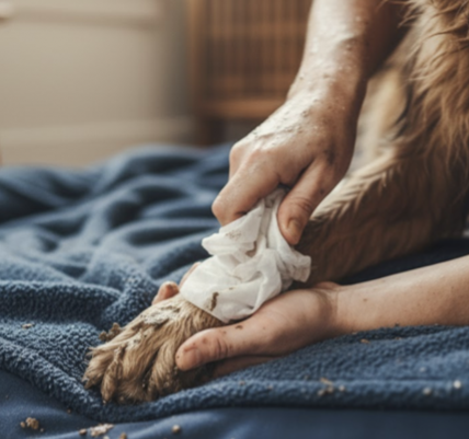 hondenpoten schoonmaken na modderwandeling. Tips van Salon Bella.
