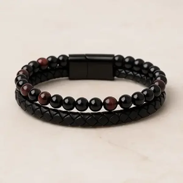 Bracelet Aska – Cuir Noir, Œil de Taureau et Onyx