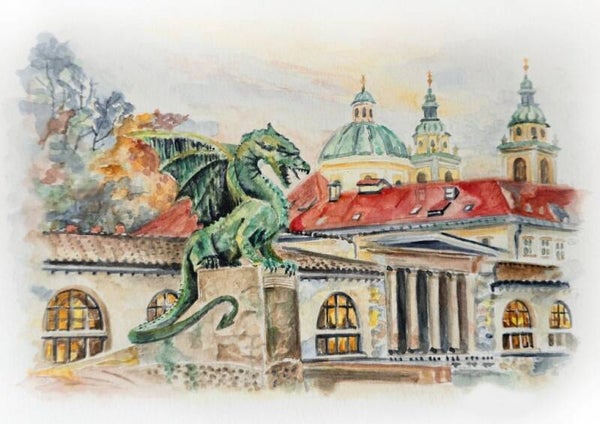 Ljubljanski zmaj s Stolnico Akvarel na papirju, 300 g/m²,   29,5 x 21 cm