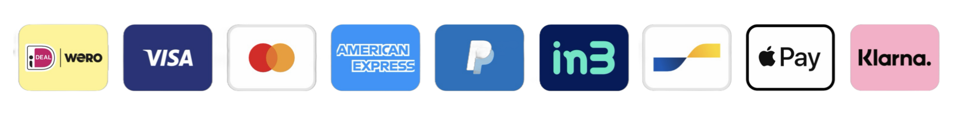 alt="Betaalmethoden: iDEAL, Visa, Mastercard, American Express, in3, Apple Pay en Klarna"