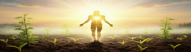 A glowing human silhouette rising from fertile earth surrounded by sprouting seedlings at golden sunrise — Christ as the living Spirit of creation, present in all things seen and unseen