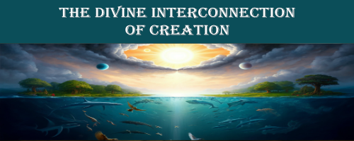 A vibrant landscape showing a sunlit sky, ocean, and wildlife above and below water. 