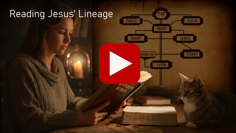 A young woman reads a Wycliffe Bible in a cozy setting with a candle, while a cat observes her. 