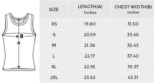 Size chart for the racerback tank, measurements in inches. XS length 19.80 chest 31.50; S length 20.59 chest 33.46; M length 21.38 chest 35.43; L length 22.17 chest 37.40; XL length 22.95 chest 39.37; 2XL length 23.62 chest 43.31.