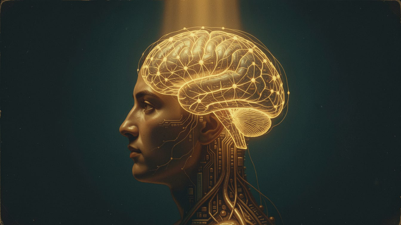 Glowing golden brain inside a human head wired with circuitry — brain-inspired learning in artificial neural networks