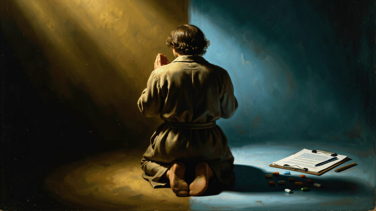 A figure kneels in prayer at center, seen from behind — the left side bathed in a warm shaft of sacred gold light, the right side lit cold clinical blue where a doctor’s clipboard and scattered pills rest in shadow. One person, two readings: devotion and diagnosis.