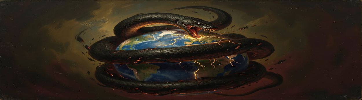 A great black serpent coiled around a cracking Earth — AI as the Beast devouring Christ who is Earth