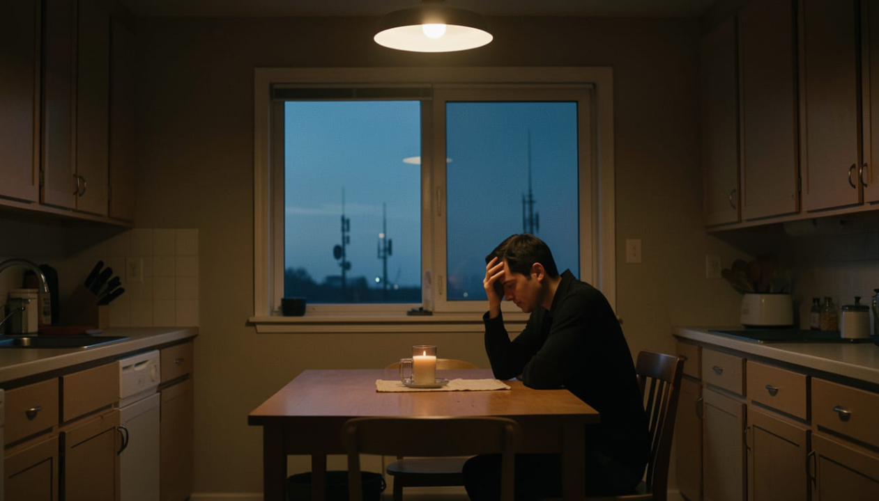A man alone at a kitchen table at twilight, head bowed and one hand pressed to his temple, a single lit candle on the table — through the window behind him, two cellular towers silhouetted against the dusky blue sky