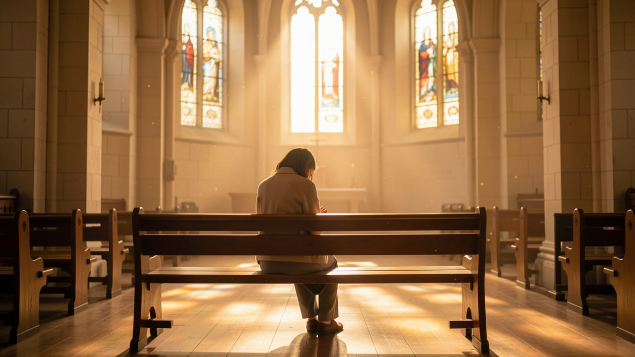A young woman alone on a wooden church pew in quiet prayer, golden afternoon light streaming through tall stained-glass windows behind her, dust motes floating in the warm beams — a Christian in the middle of a sacred experience