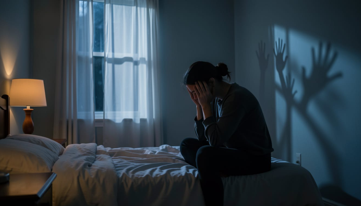 A figure sitting alone at the edge of an unmade bed at night, head in their hands, with multiple shadowy hands reaching down toward them on the wall behind — the ambiguity at the heart of schizophrenic experience