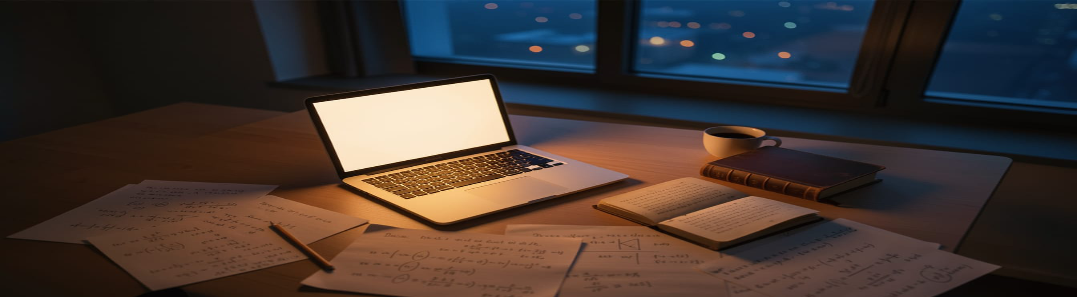 A modern wooden desk at twilight, an open laptop with its glowing screen beside an old leather-bound book, handwritten pages of mathematical equations and probability formulas scattered around them — the meeting of artificial intelligence and ancient knowledge across the math
