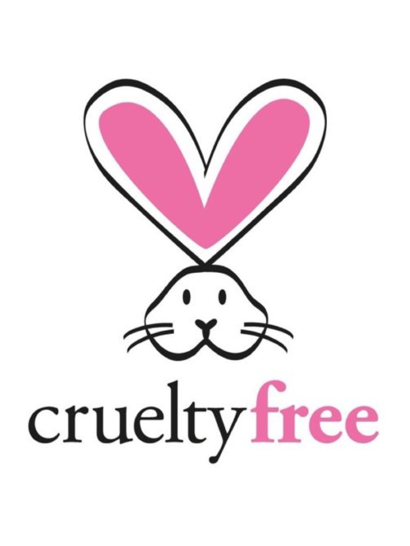 A stylized cruelty-free certification logo — a pink heart with rabbit ears above a rabbit face with whiskers, with the words 'cruelty free' beneath. The kind of label consumers trust when picking products off a shelf.