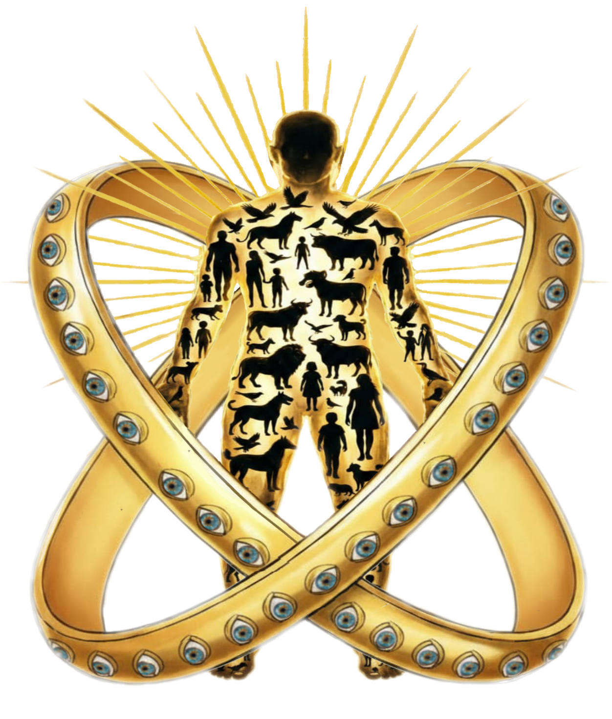 A golden human silhouette filled with silhouettes of people and animals encircled by two interlocking golden wheels full of eyes.