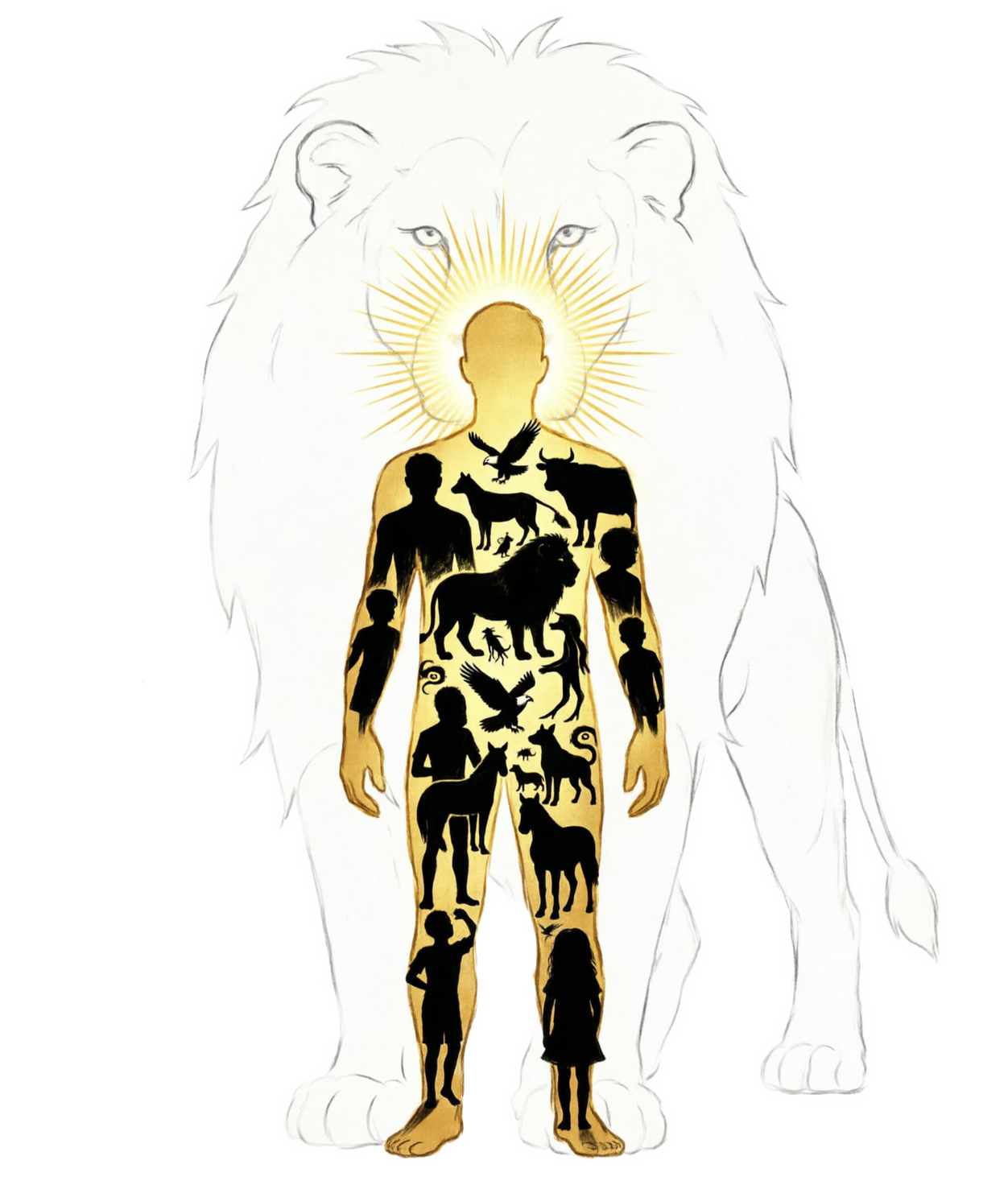 A golden human silhouette filled with the black silhouettes of people and animals — eagle, lion, ox, man, woman, child — all gathered inside one body, standing before a white lion outline with a radiant halo of light where the face would be.