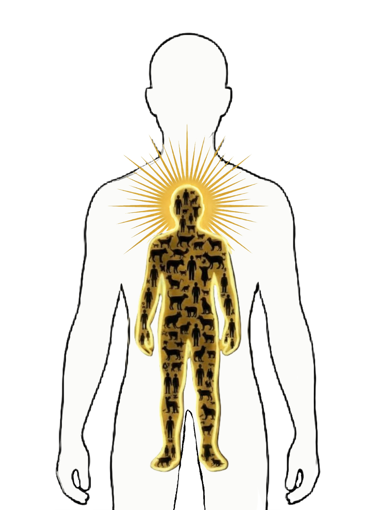A white outline of a large human body with a glowing golden inner figure filled with silhouettes of people and animals.