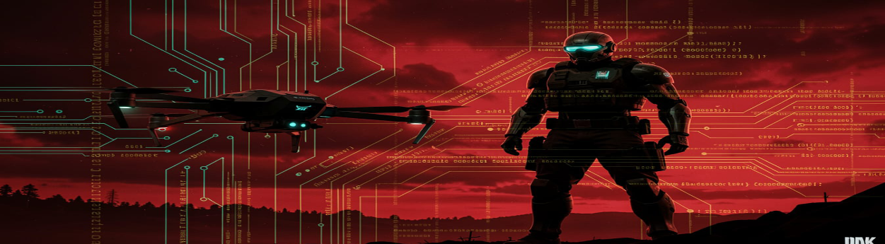 A military drone and armored robot soldier silhouetted against a blood-red sky overlaid with glowing teal circuit lines and gold code — the rise of autonomous weapons and AI-driven warfare
