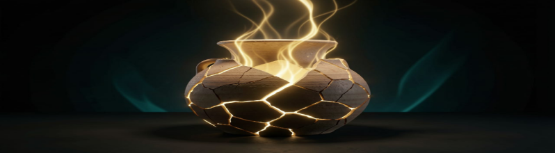 Broken pottery with glowing light inside