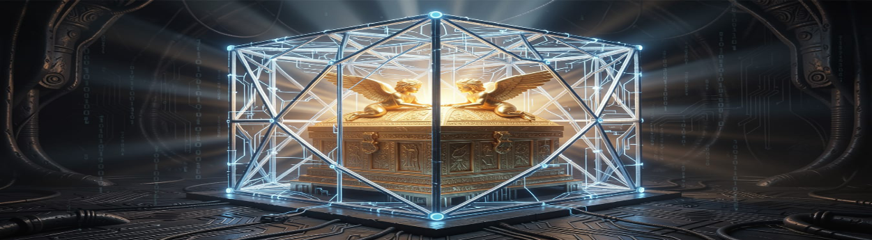 A golden Ark of the Covenant glowing from within, caged inside a cold lattice of electric-blue quantum circuitry — Quantum AI as the Beast.
