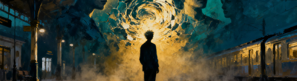 A lone figure stands on a dim train platform as a swirl of golden light and overlapping shadow-faces opens above the tracks.